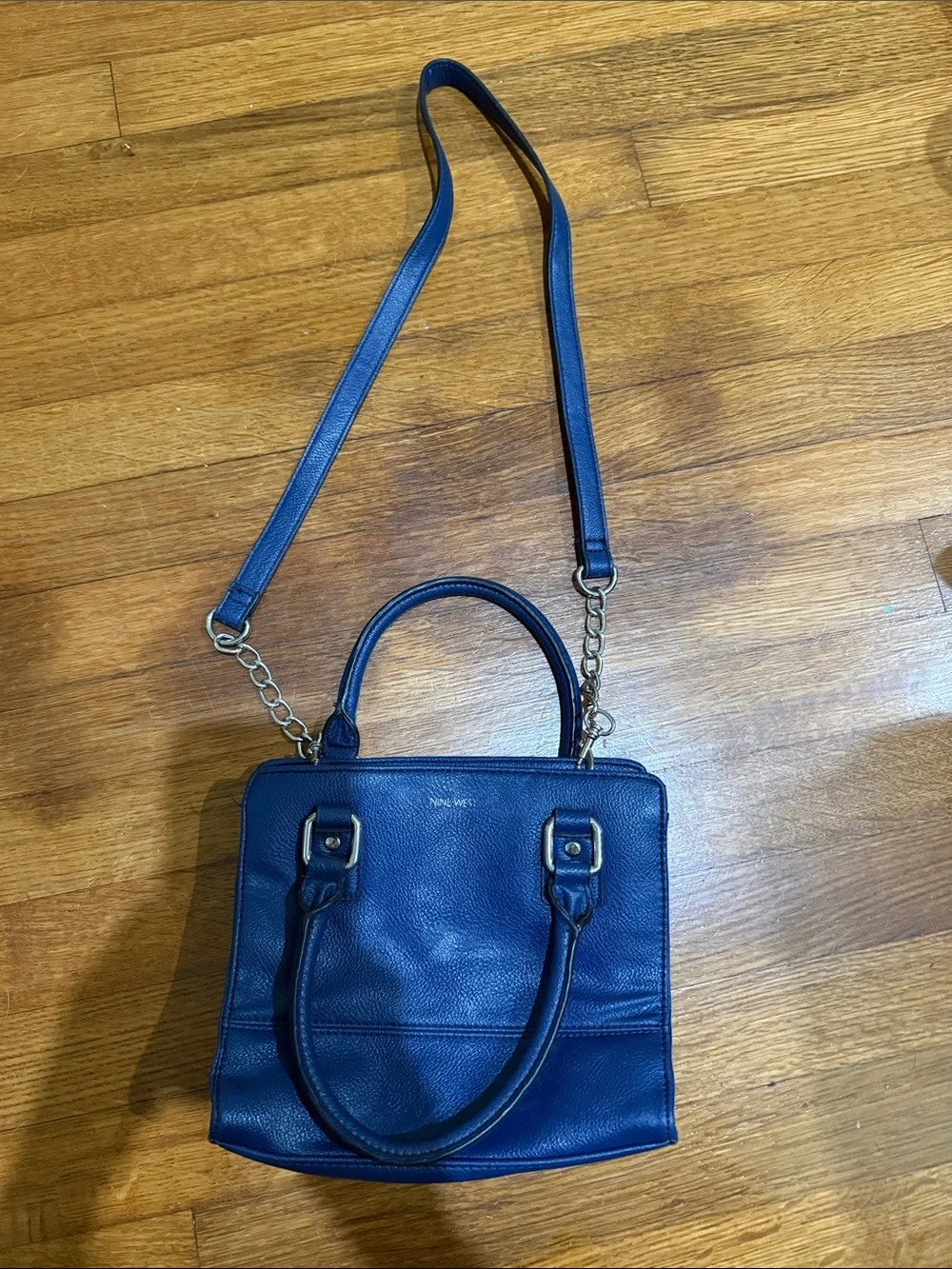 Nine West Navy Blue Leather Satchel with Chain Strap